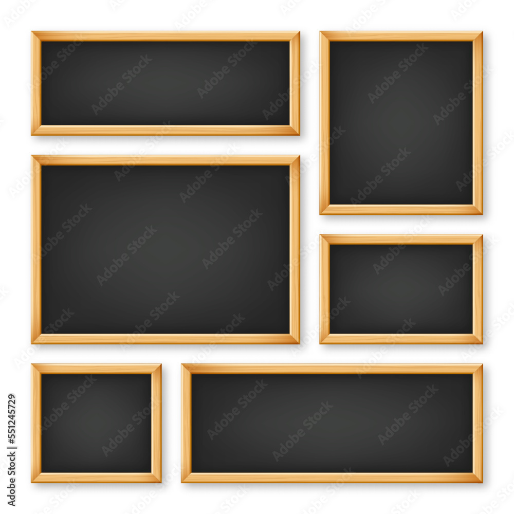 Realistic various chalkboards in a wooden frame. Black restaurant menu board. School blackboard, writing surface for text or drawing. Blank advertising or presentation boards. Vector illustration Realistic various chalkboards in a wooden frame. Black restaurant menu board. School blackboard, writing surface for text or drawing. Blank advertising or presentation boards. Vector illustration