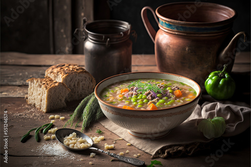 Hearty homemade risi e bisi soup in a traditional Italian kitchen photo