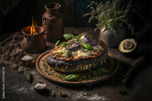 delicious homemade melanzane alla parmigiana eggplant dish in a rustic italian kitchen photo