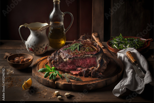 a slab of sliced and freshly cooked bistecca alla fiorentina in a rustic italian kitchen photo