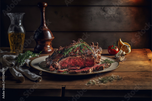 a slab of sliced and freshly cooked bistecca alla fiorentina in a rustic italian kitchen photo