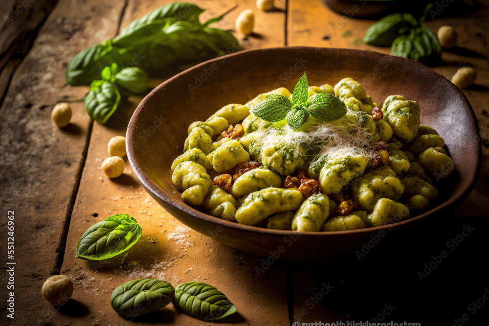 home made gnocchi with pesto sauce decorated with basil, in a rustic italian kitchen home made gnocchi with pesto sauce decorated with basil, in a rustic italian kitchen