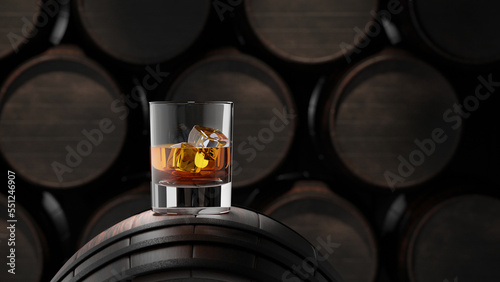 Glass of whiskey with ice cubes on the wooden barrel with wooden background. High quality 3d illustration