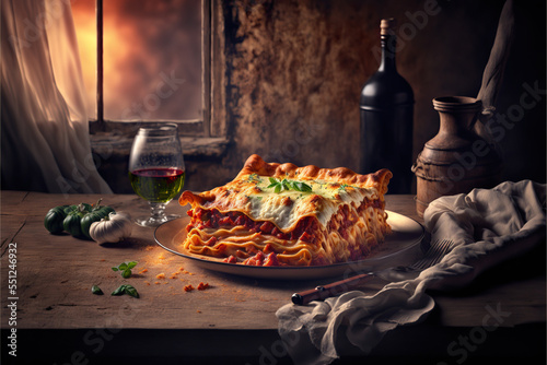 fresh home made lasagna in a rustic italian kitchen photo