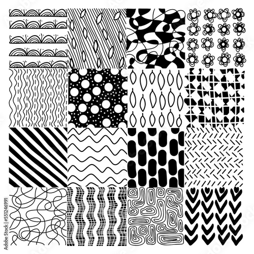 Black and white geometric textures. Set of 16 black ink abstract patterns. Stripes, circles, waves, leaves, zigzags, and more vector tiles. Abstract doodle-style backdrop collection. Hand-drawn prints