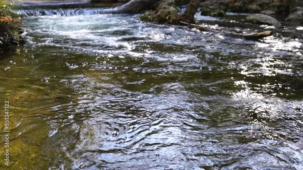 Closeup of a rushing stream, swift flow of spring water with some autumn colourful leaves in the water. Grey big stones, fallen autumnal leaves. Waterfall at fall. Nature's landscape. Slow motion Closeup of a rushing stream, swift flow of spring water with some autumn colourful leaves in the water. Grey big stones, fallen autumnal leaves. Waterfall at fall. Nature's landscape. Slow motion