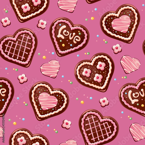 Seamless background with gingerbread hearts, chocolate, candies, cakes. Valentine's day decorated cookies, cake pops pattern with lettering Love.