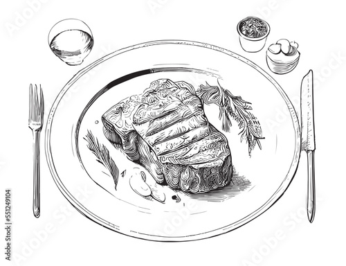 Steak on a plate hand drawn engraving sketch Restaurant business concept Vector illustration.
