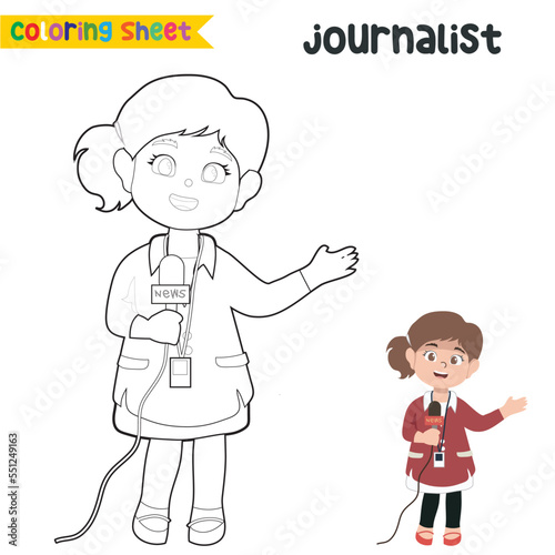 Easy coloring worksheet for children. Kid’s dream job. Coloring a cute journalist girl reporting the news. Preschool activity sheet. Kawaii vector illustration file.