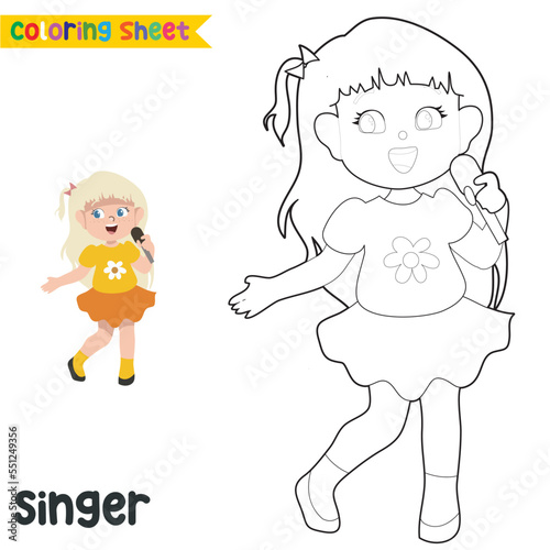 Easy coloring worksheet for children. Kid’s dream job. Coloring a cute singer girl singing happily. Preschool activity sheet. Kawaii vector illustration file.