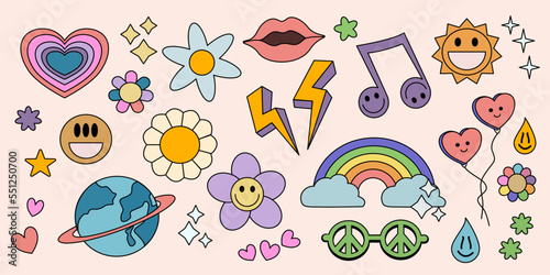 Set of Vintage Groovy elements and characters. Y2K Cute Flower Stickers. Pop Art Happy Positive Vector Patches.