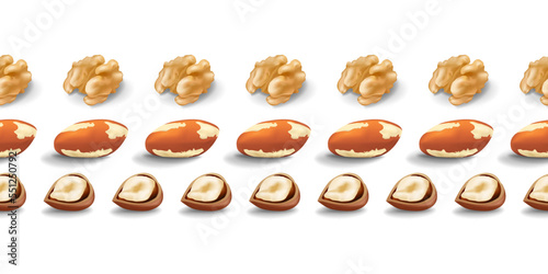 Nuts seamless pattern. Walnut kernel, Brazil nut and hazelnut