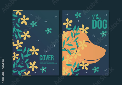 set of dog illustration book covers with floral elements. abstract botanical blue background. A4 size for children's books, notebooks, catalogs, story books, novels