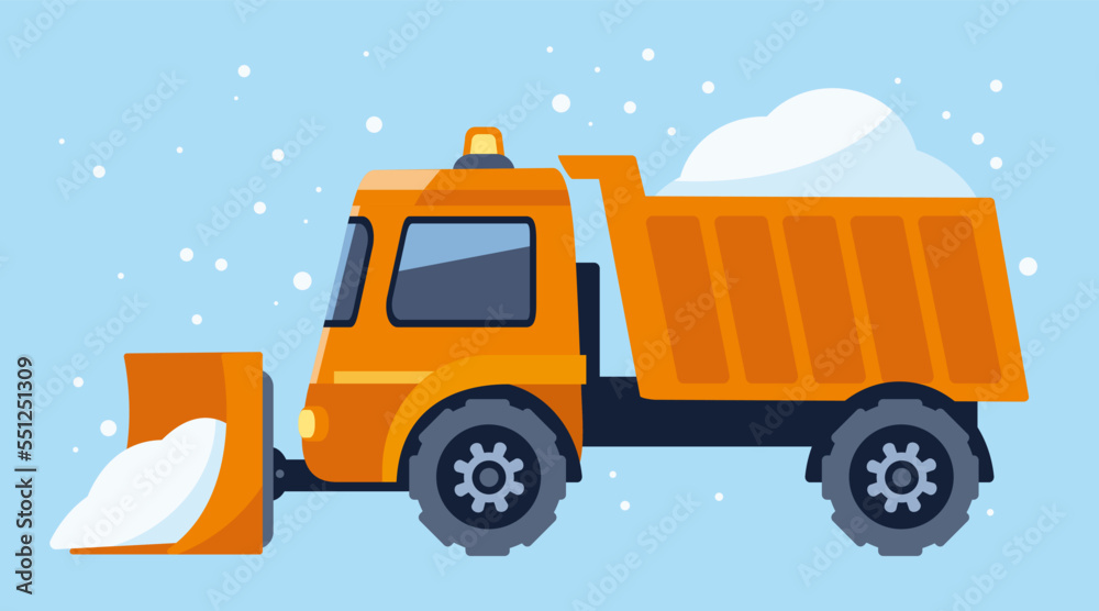 Snow plow truck cleaning road removing snow in a flat style on blue