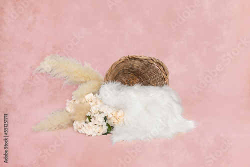 Newborn digital background with bohemian ratan basket, large pampas, hydrangea, fluffy white fur and peachy flowers