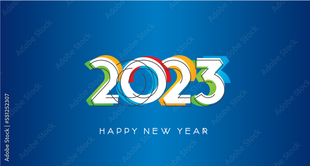 2023 Happy New Year modern trendy line design numbers with abstract colorful shapes on blue background