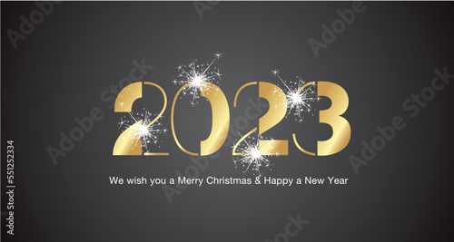 2023 We wish you Merry Christmas and Happy New Year modern black light typography logo sparkle firework golden white black vector greeting card