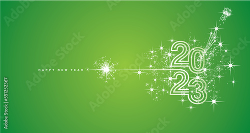 New Year 2023 golden triple line design typography lettering light sparkle firework champagne lucky green background greeting card