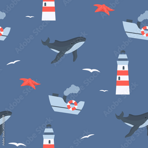 Fotografía cute kids seamless pattern with lighthouse, whale, ship and starfish