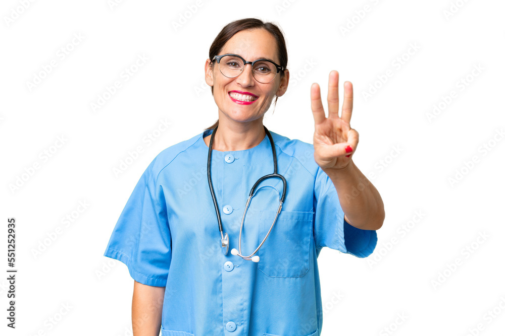 Middle-aged nurse woman over isolated background happy and counting three with fingers Middle-aged nurse woman over isolated background happy and counting three with fingers