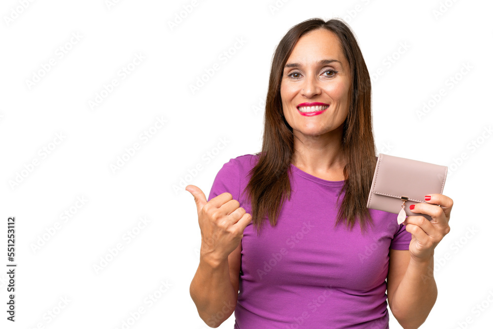 Middle-aged caucasian woman holding a wallet over isolated background pointing to the side to present a product Middle-aged caucasian woman holding a wallet over isolated background pointing to the side to present a product