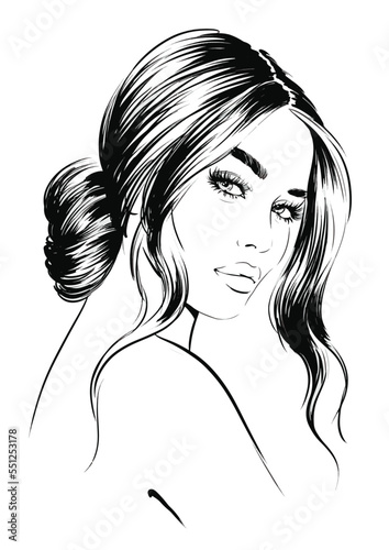 fashion illustration of stylish attractive woman with romantic hairstyle