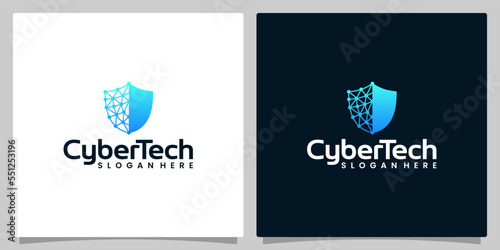 Cyber tech logo design template with Network shield graphic design vector illustration. Symbol for tech, security, internet, system, Artificial Intelligence and computer.