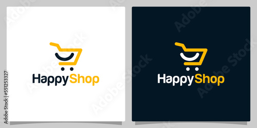 Shopping cart logo design template with smile symbol graphic design illustration. icon, modern, creative.