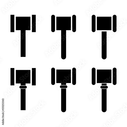 Set of Judge hammer icon, law auction symbol, justice sign vector illustration button