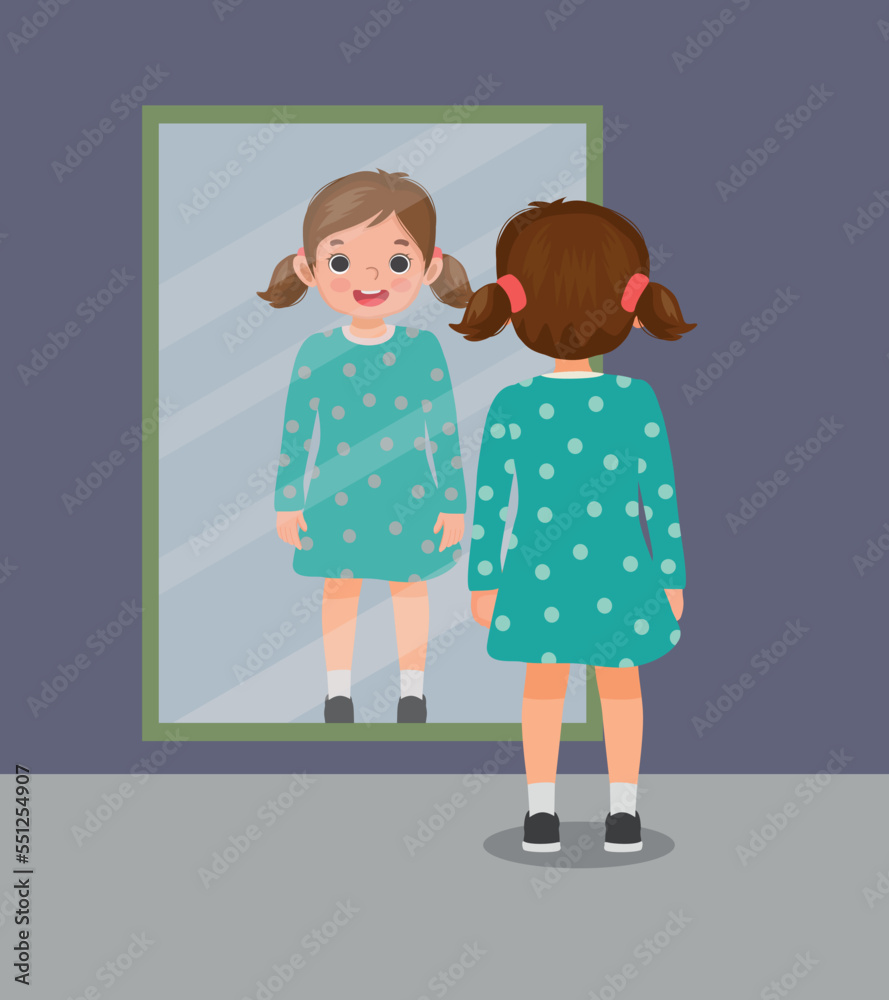 happy little girl standing in front of mirror looking her reflection with new dress happy little girl standing in front of mirror looking her reflection with new dress