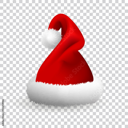 Santa Claus hat isolated on transparent background. Realistic Vector. 3d Illustration.