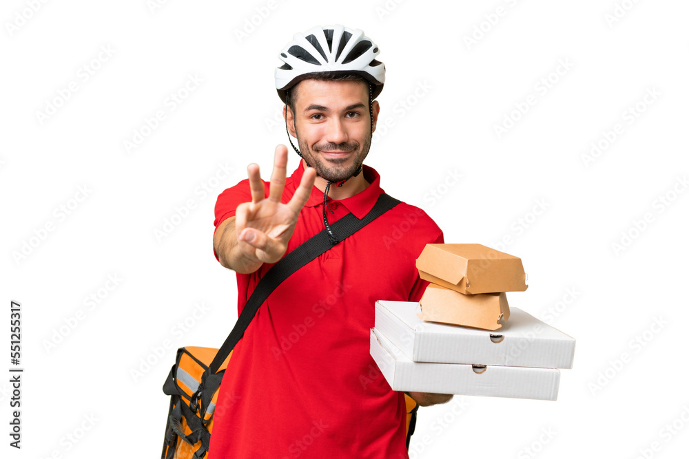 Young handsome caucasian man with thermal backpack and holding takeaway food over isolated background happy and counting three with fingers Young handsome caucasian man with thermal backpack and holding takeaway food over isolated background happy and counting three with fingers