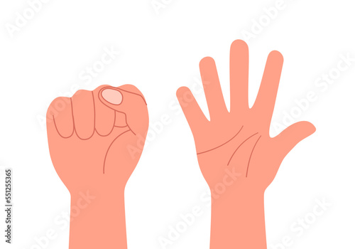 Finger stretch hand clenching in flat design on white background. Hand exercise concept.