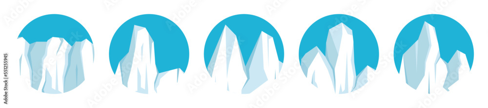 Obraz premium Floating icebergs collection. Drifting arctic glacier, block of frozen ocean water. Icy mountains with snow. Melting ice peak. Antarctic snowy landscape. South and North Pole. Vector illustration.