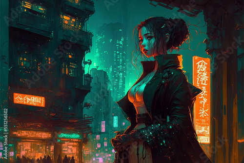 Cyberpunk Girl, Futuristic Female in a Cyberpunk City, Character Design, Concept Art, Digital Illustration, anime girl, Generative AI