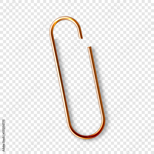 Realistic copper paperclip attached to paper isolated on white background. Shiny metal paper clip, page holder, binder. Workplace office supplies. Vector illustration