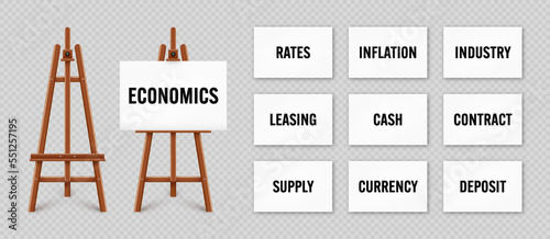 Realistic paint desk with text on white canvas. Wooden easel and a sheet of drawing paper. Presentation board on a tripod. Business investment, economics and finance. Vector illustration