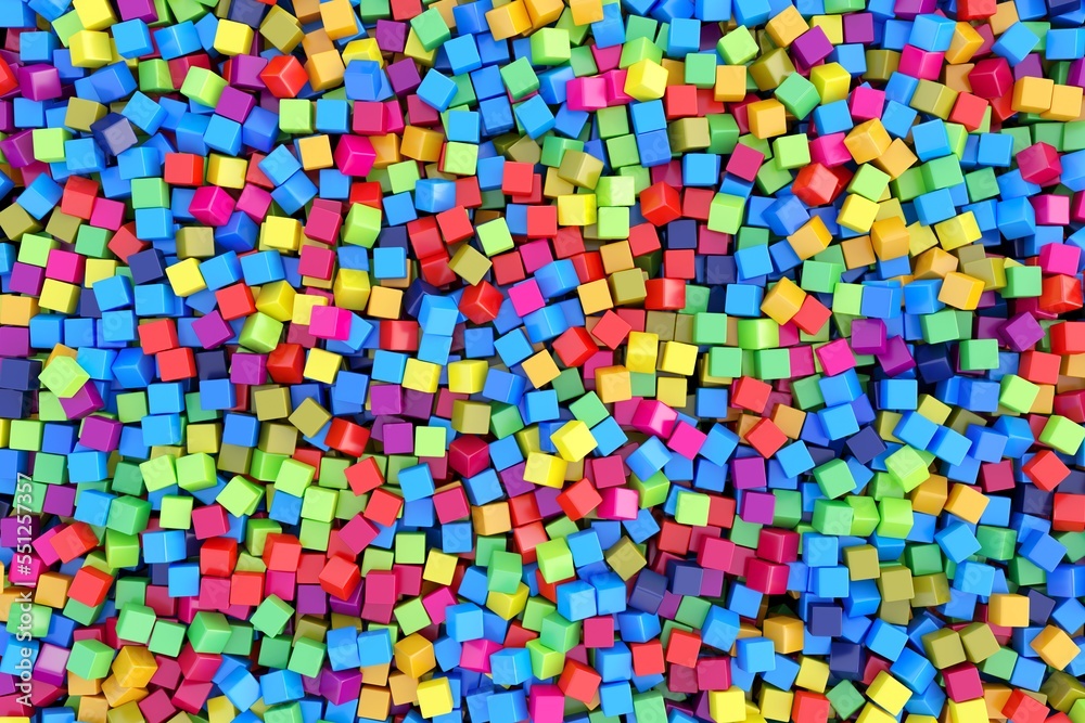 Colorful abstract background with scattered cubes top view 3D illustration Colorful abstract background with scattered cubes top view 3D illustration
