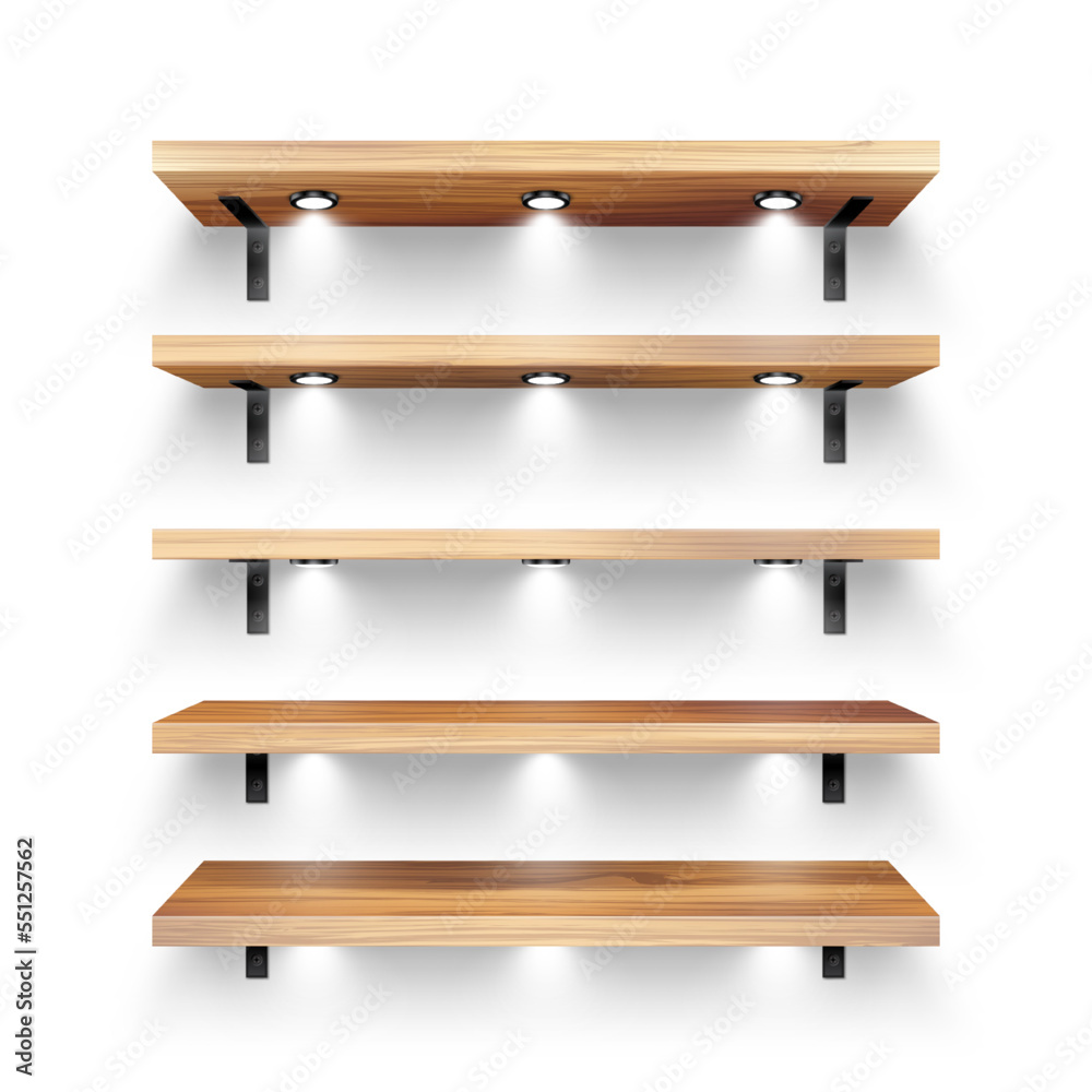 Realistic wooden store shelves with wall mount and lighting, spotlights. Empty product shelf, grocery wall rack. Mall and supermarket furniture, bookshelf. Interior design. Vector illustration Realistic wooden store shelves with wall mount and lighting, spotlights. Empty product shelf, grocery wall rack. Mall and supermarket furniture, bookshelf. Interior design. Vector illustration