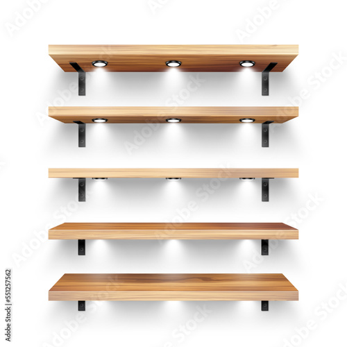 Realistic wooden store shelves with wall mount and lighting, spotlights. Empty product shelf, grocery wall rack. Mall and supermarket furniture, bookshelf. Interior design. Vector illustration