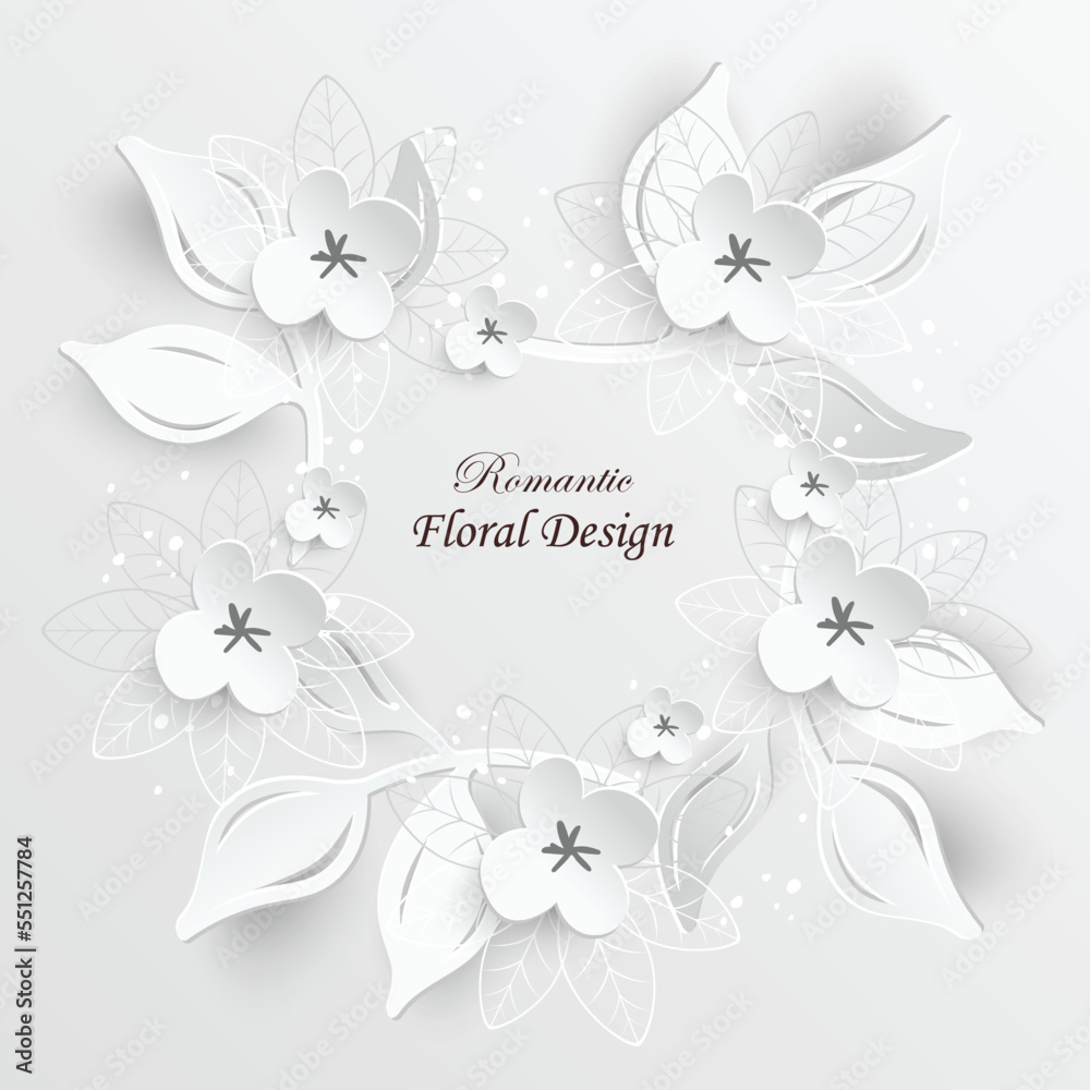 Paper flower. Round frame with abstract cut flowers. White rose.