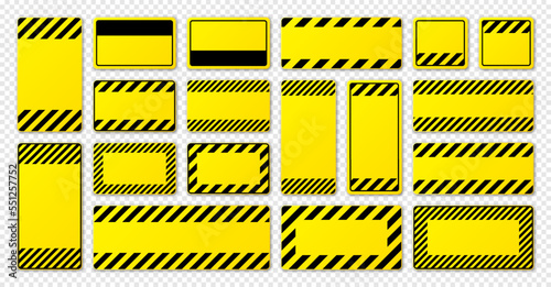 Various blank yellow warning signs with diagonal lines. Attention, danger or caution sign, construction site signage. Realistic notice signboard, warning banner, road shield. Vector illustration