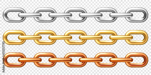 Realistic golden, silver and bronze chains on checkered background. Metal chain with shiny gold plated links. Vector illustration.