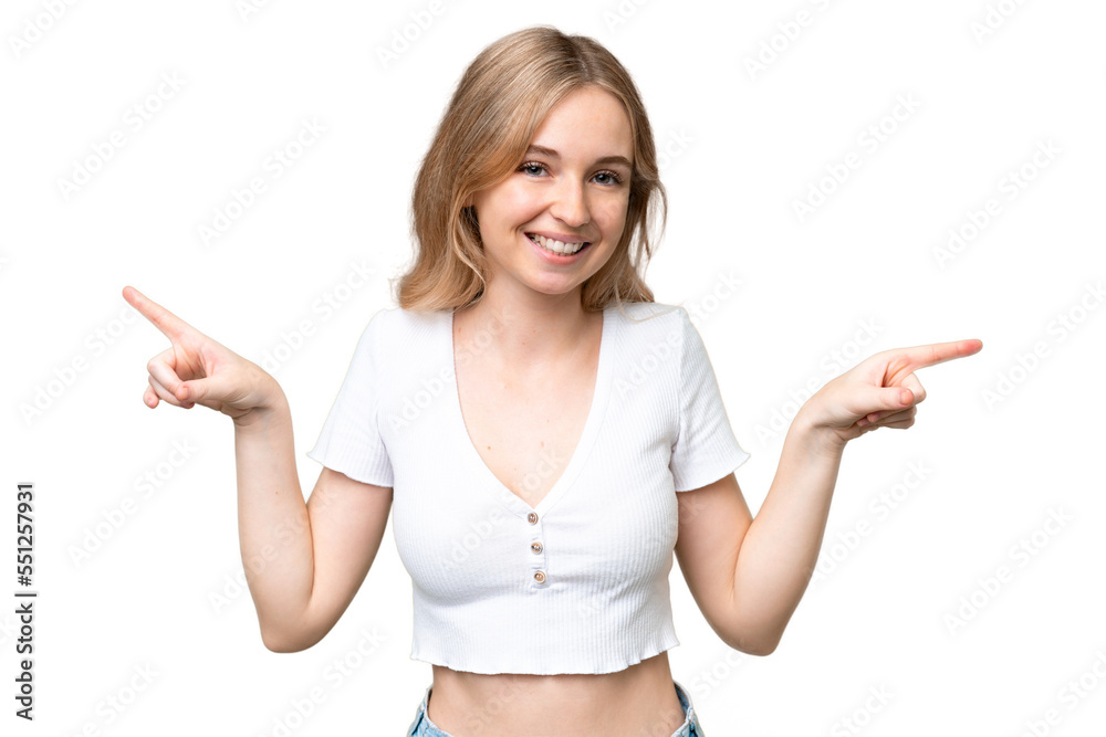 Young English woman over isolated background pointing finger to the laterals and happy Young English woman over isolated background pointing finger to the laterals and happy