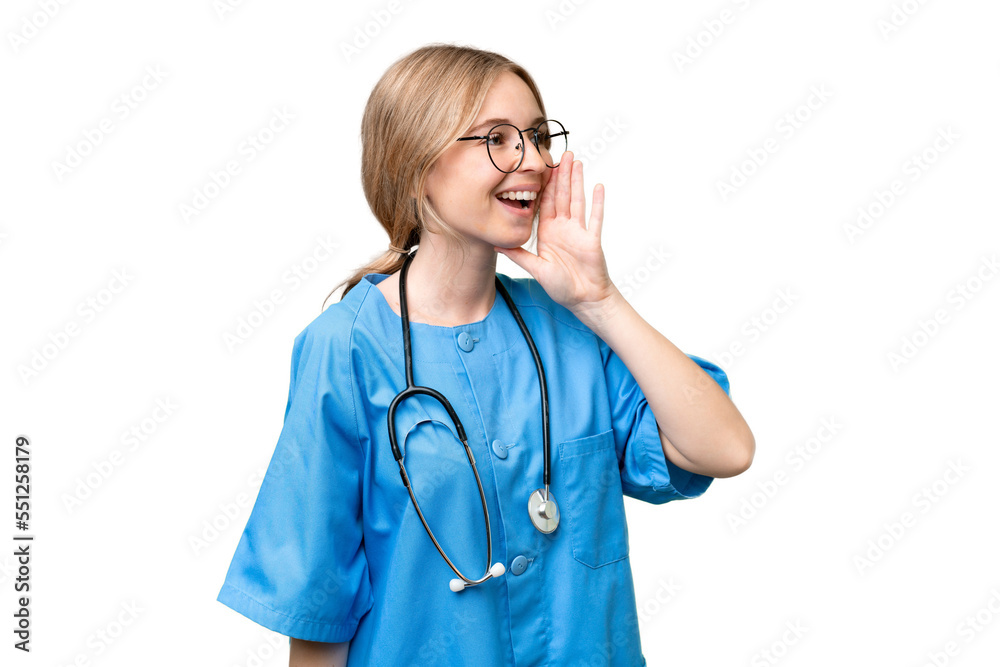 Young nurse English woman over isolated background shouting with mouth wide open to the lateral Young nurse English woman over isolated background shouting with mouth wide open to the lateral