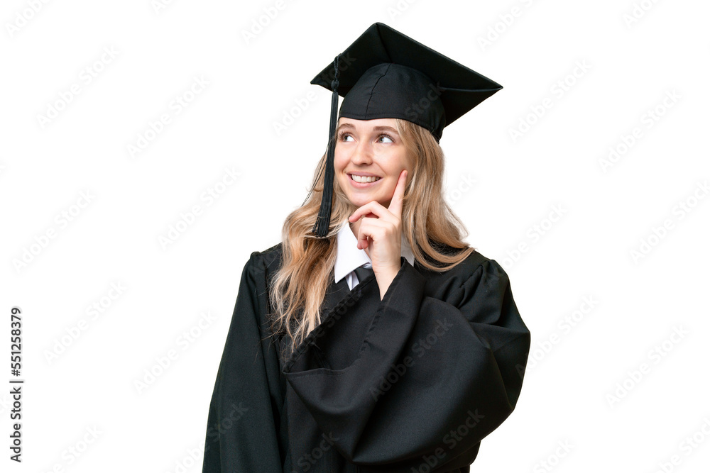 Young university English graduate woman over isolated background thinking an idea while looking up Young university English graduate woman over isolated background thinking an idea while looking up