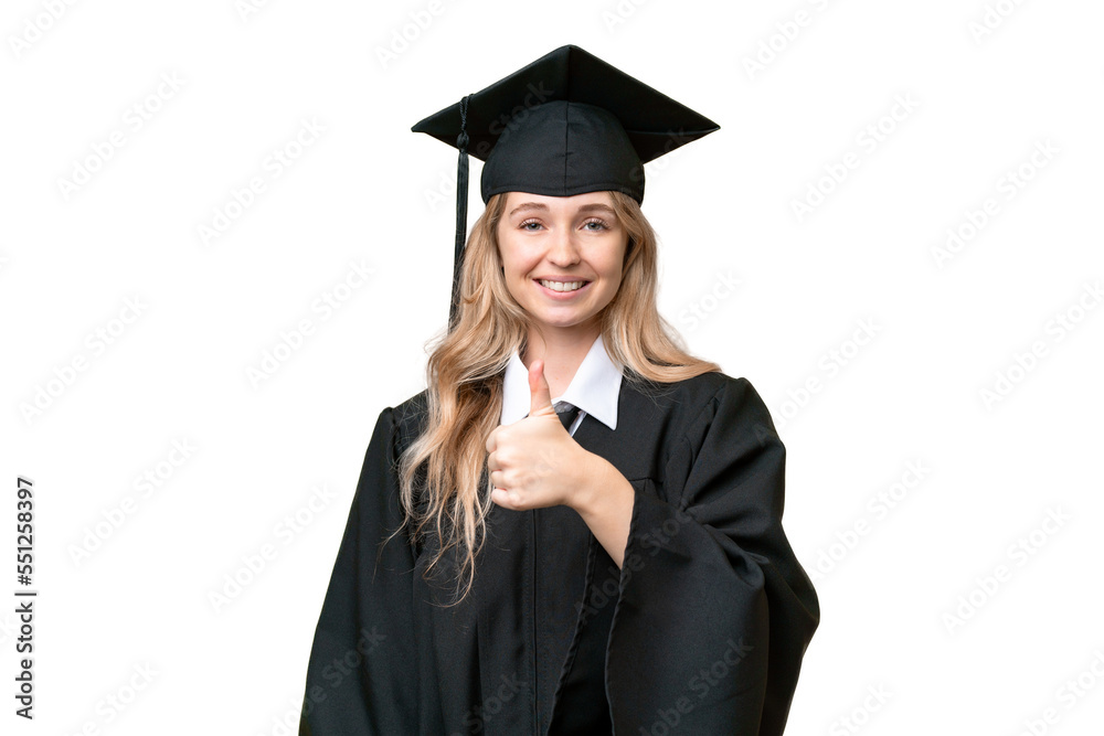 Young university English graduate woman over isolated background giving a thumbs up gesture Young university English graduate woman over isolated background giving a thumbs up gesture