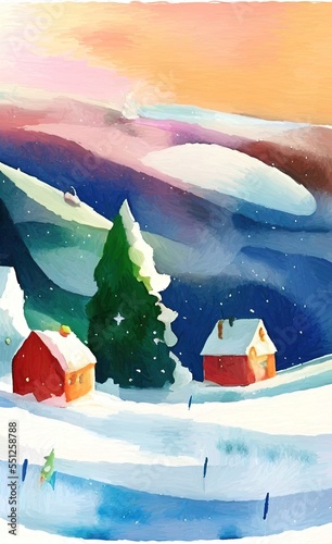 Digital watercolor painting winter snowy landscape  cold weather and northern nature  scenic illustration. Christmas mood. Print for canvas  card  greeting or textile decoration. Art background.