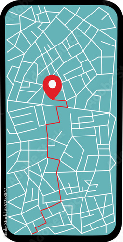 Navigation map on the phone. Destination point. map of the area, city. Path. Delivery, direction. Get directions
