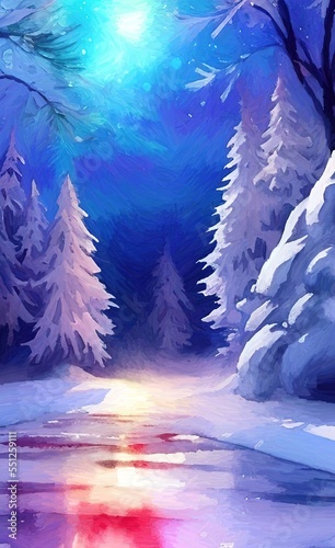 Digital watercolor painting winter snowy landscape  cold weather and northern nature  scenic illustration. Christmas mood. Print for canvas  card  greeting or textile decoration. Art background.